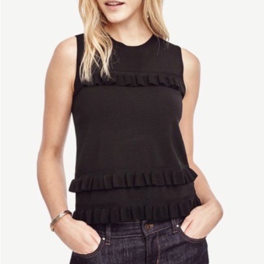 Ann Taylor Black Ruffle Knit Tank Top Women’s Small Career Workwear